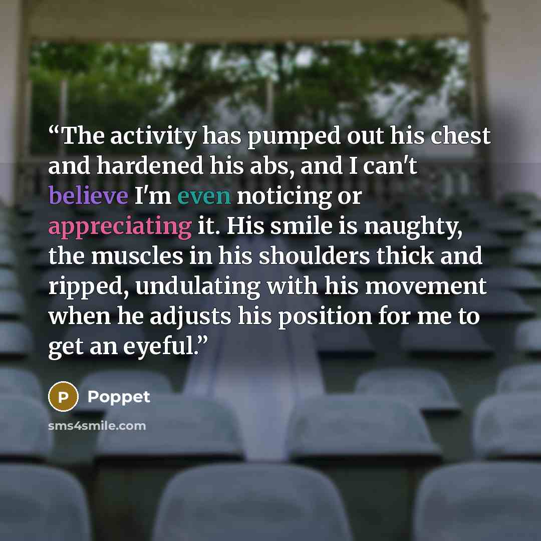 “The activity has pumped out his chest and hardened his abs, and I can't believe I'm even noticing or appreciating it. His smile is naughty, the muscles in his shoulders thick and ripped, undulating with his movement when he adjusts his position for me to get an eyeful.” quote by Poppet