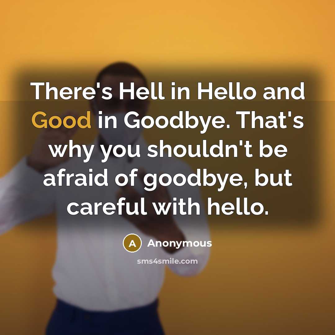 “There's Hell in Hello and Good in Goodbye. That's why you shouldn't be afraid of goodbye, but careful with hello.” quote by Anonymous