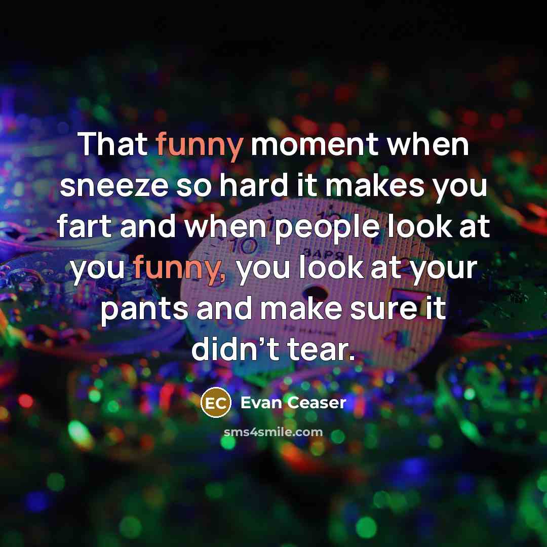 “That funny moment when sneeze so hard it makes you fart and when people look at you funny, you look at your pants and make sure it didn't tear.” quote by Evan Ceaser
