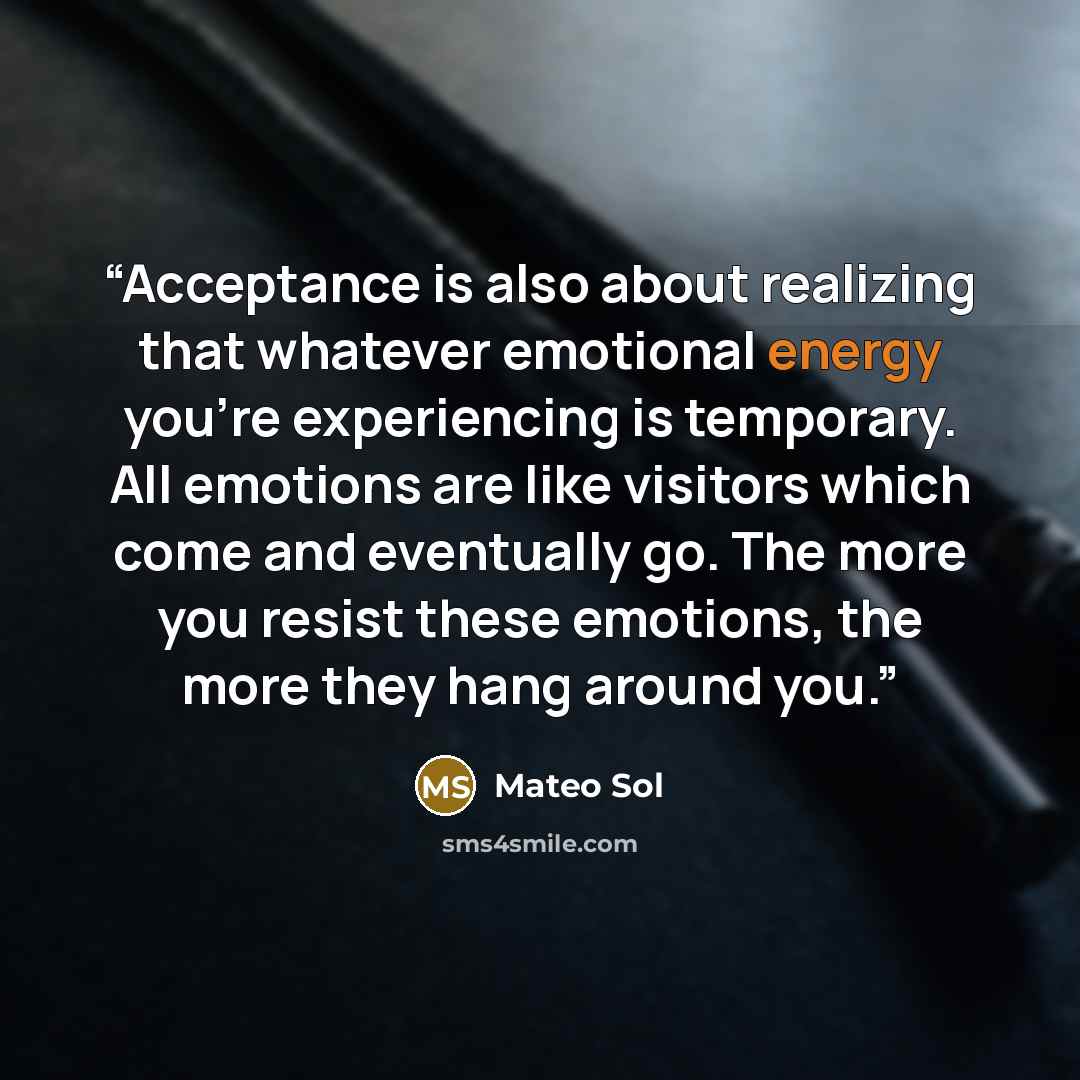 “Acceptance is also about realizing that whatever emotional energy you’re experiencing is temporary. All emotions are like visitors which come and eventually go. The more you resist these emotions, the more they hang around you.” quote by Mateo Sol