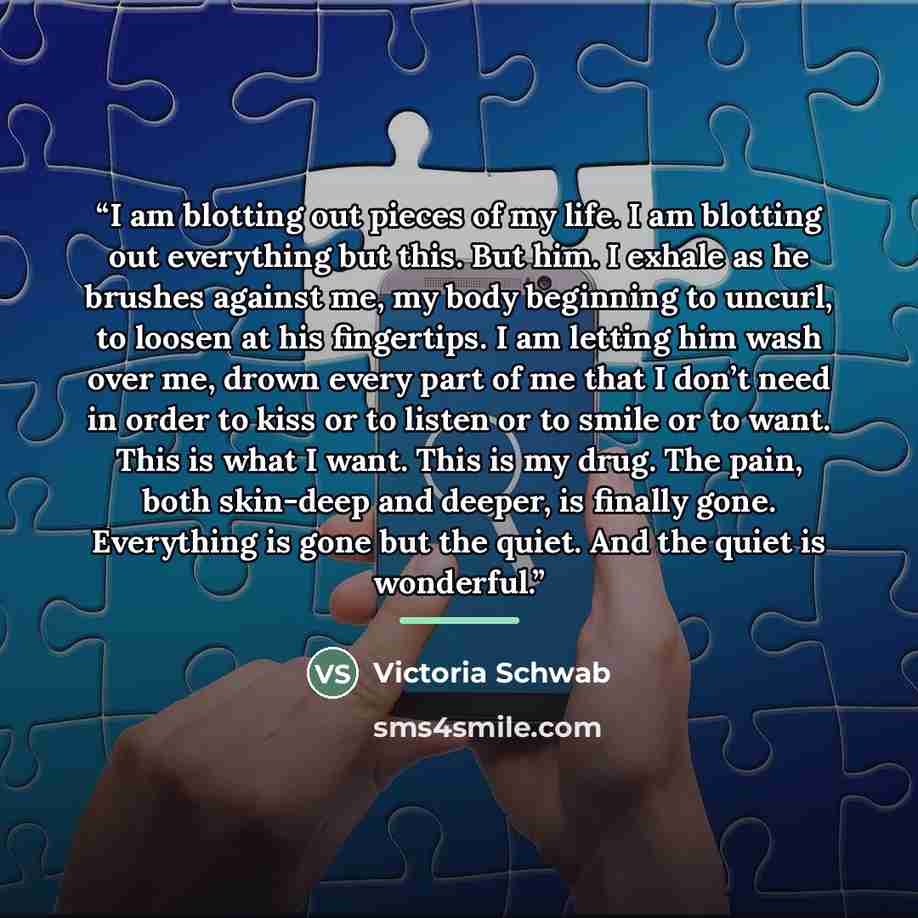 “I am blotting out pieces of my life. I am blotting out everything but this. But him. I exhale as he brushes against me, my body beginning to uncurl, to loosen at his fingertips. I am letting him wash over me, drown every part of me that I don’t need in order to kiss or to listen or to smile or to…” quote by Victoria Schwab