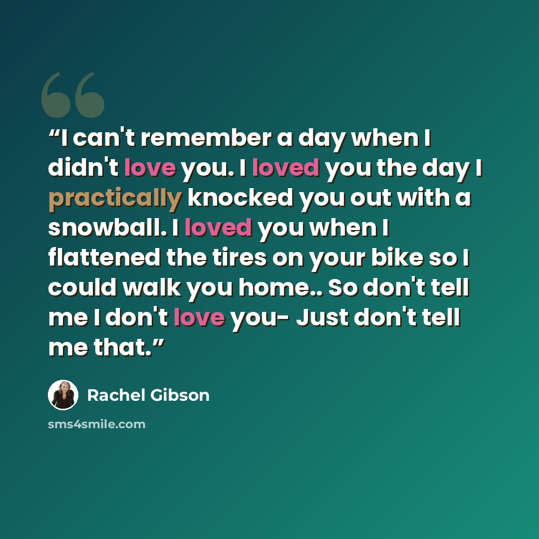 “I can't remember a day when I didn't love you. I loved you the day I practically knocked you out with a snowball. I loved you when I flattened the tires on your bike so I could walk you home.. So don't tell me I don't love you- Just don't tell me that.” quote by Rachel Gibson