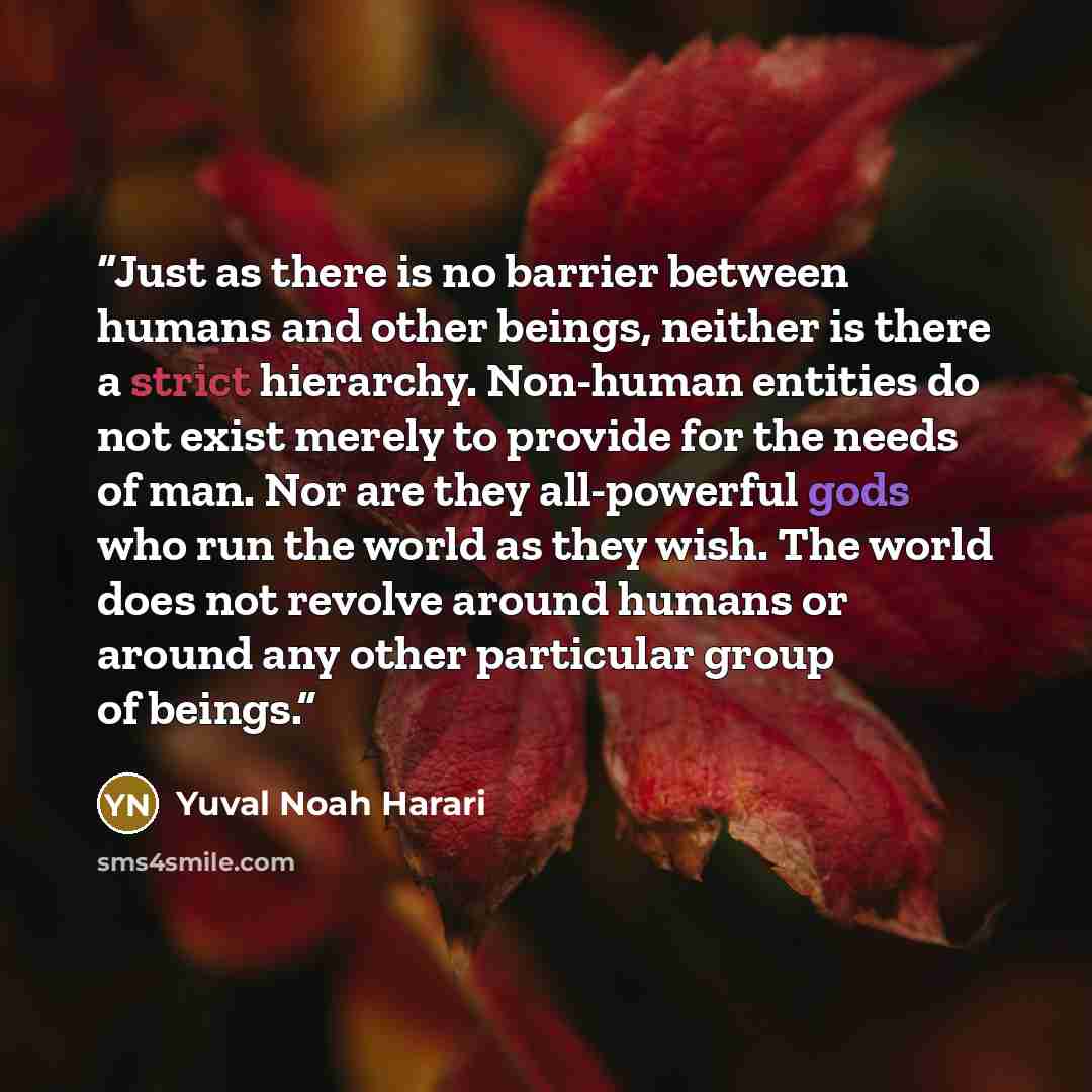 “Just as there is no barrier between humans and other beings, neither is there a strict hierarchy. Non-human entities do not exist merely to provide for the needs of man. Nor are they all-powerful gods who run the world as they wish. The world does not revolve around humans or around any other…” quote by Yuval Noah Harari