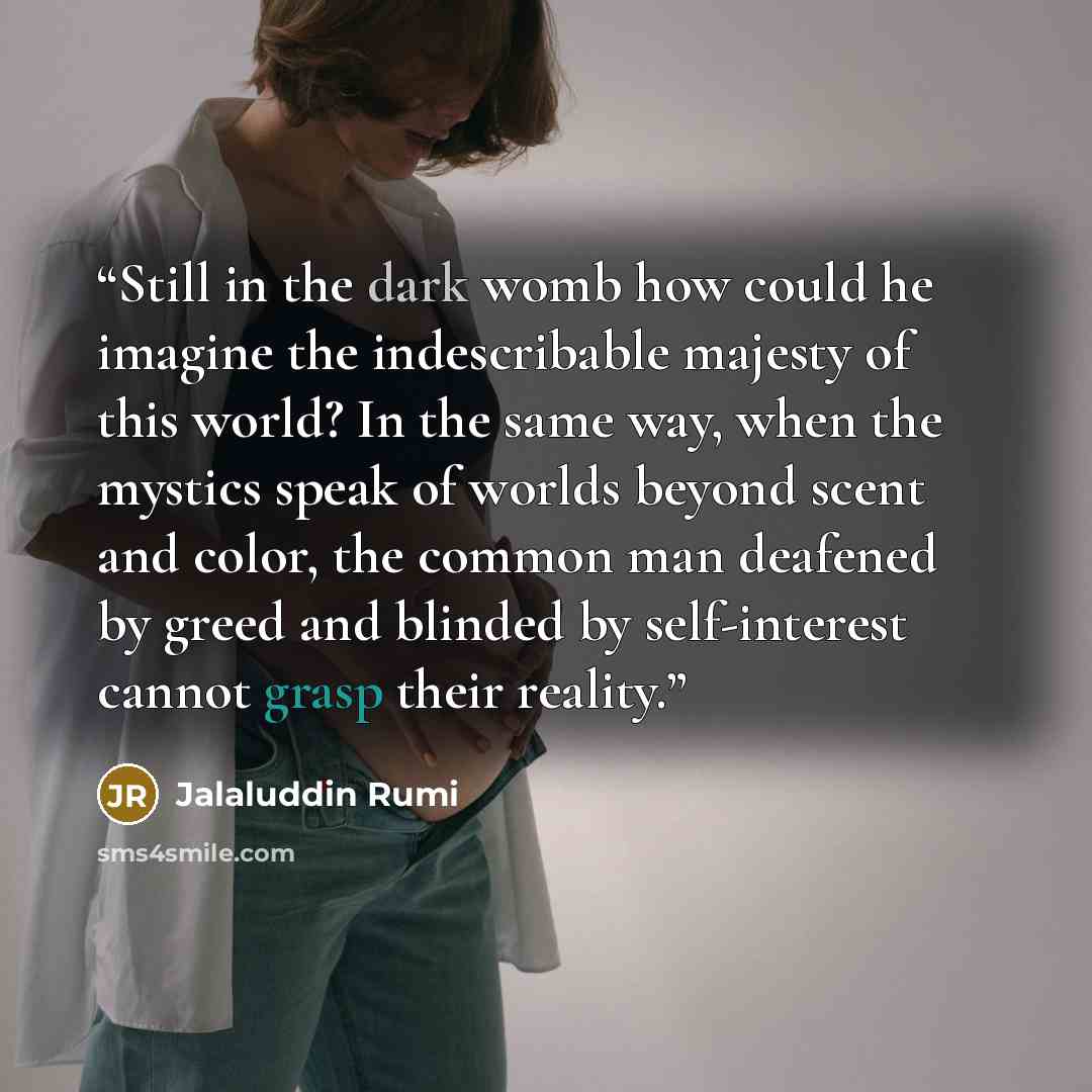 “Still in the dark womb how could he imagine the indescribable majesty of this world? In the same way, when the mystics speak of worlds beyond scent and color, the common man deafened by greed and blinded by self-interest cannot grasp their reality.” quote by Jalaluddin Rumi