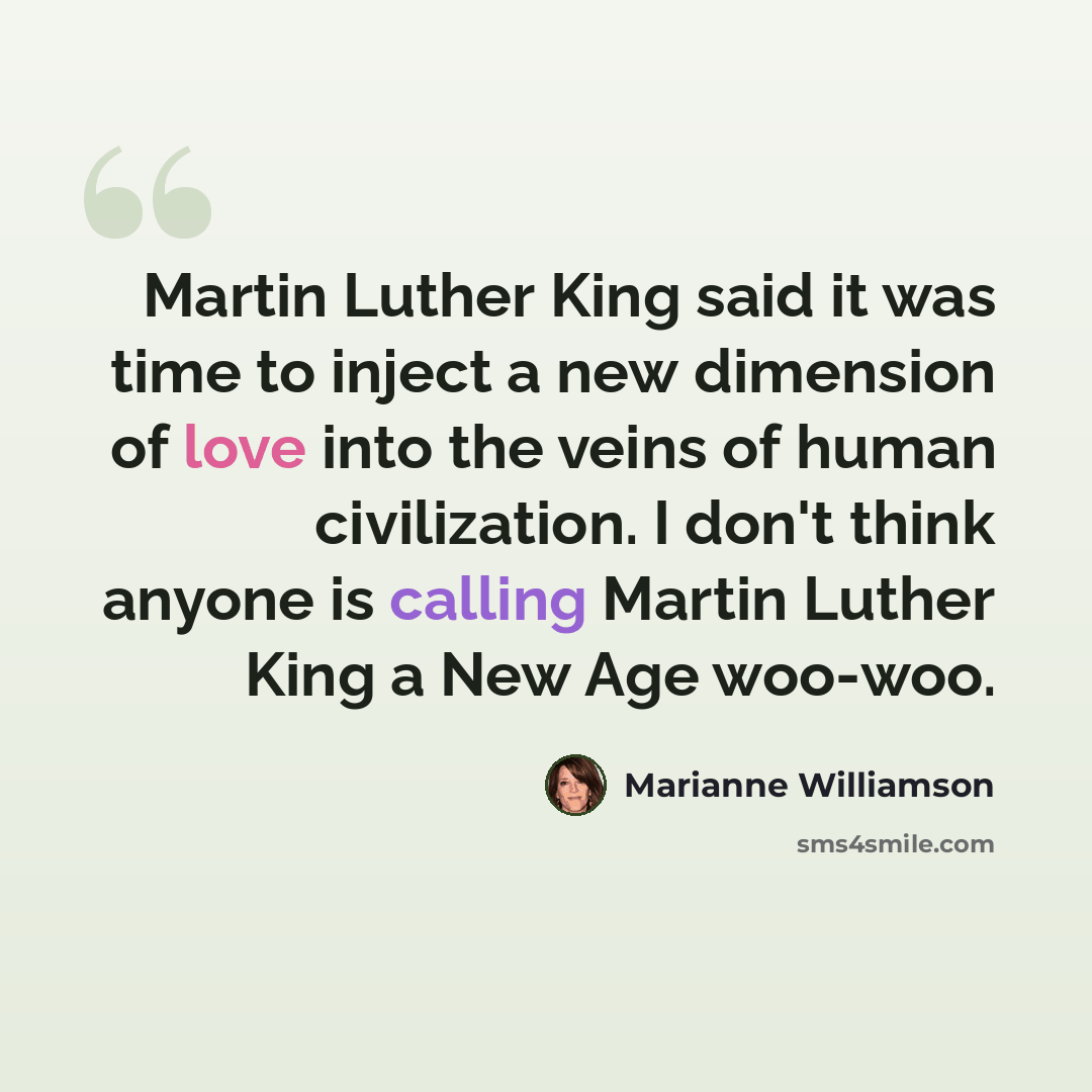 “Martin Luther King said it was time to inject a new dimension of love into the veins of human civilization. I don't think anyone is calling Martin Luther King a New Age woo-woo.” quote by Marianne Williamson