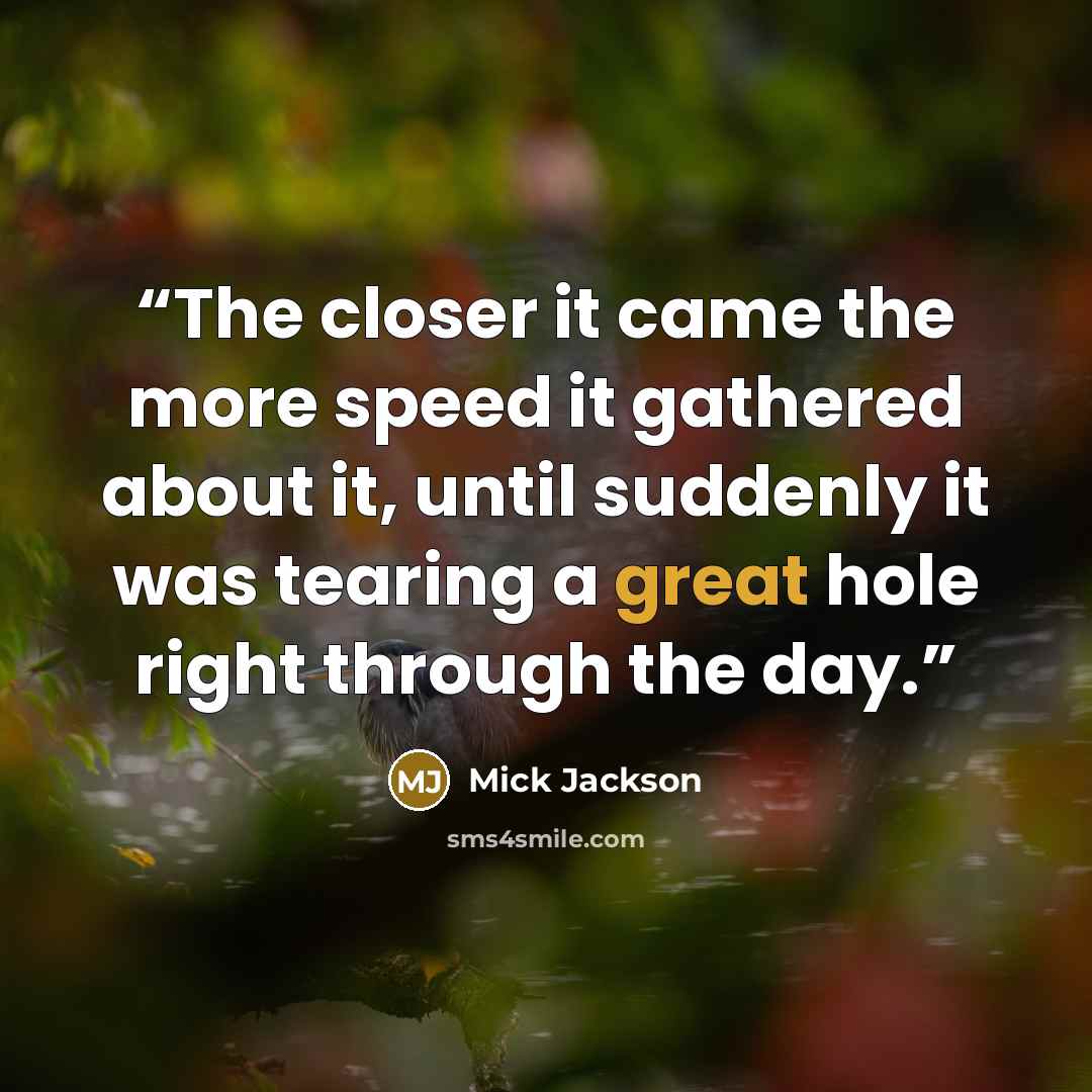 “The closer it came the more speed it gathered about it, until suddenly it was tearing a great hole right through the day.” quote by Mick Jackson