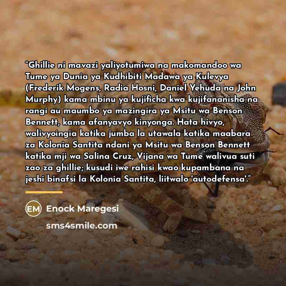 “Ghillie ni mavazi yaliyotumiwa na makomandoo wa Tume ya Dunia ya Kudhibiti Madawa ya Kulevya (Frederik Mogens, Radia Hosni, Daniel Yehuda na John Murphy) kama mbinu ya kujificha kwa kujifananisha na rangi au maumbo ya mazingira ya Msitu wa Benson Bennett, kama afanyavyo kinyonga. Hata hivyo…” quote by Enock Maregesi