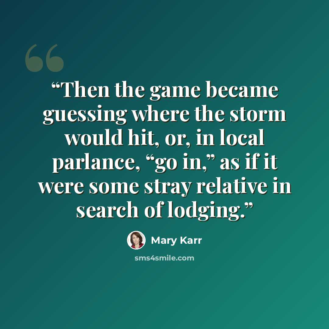 “Then the game became guessing where the storm would hit, or, in local parlance, “go in,” as if it were some stray relative in search of lodging.” quote by Mary Karr