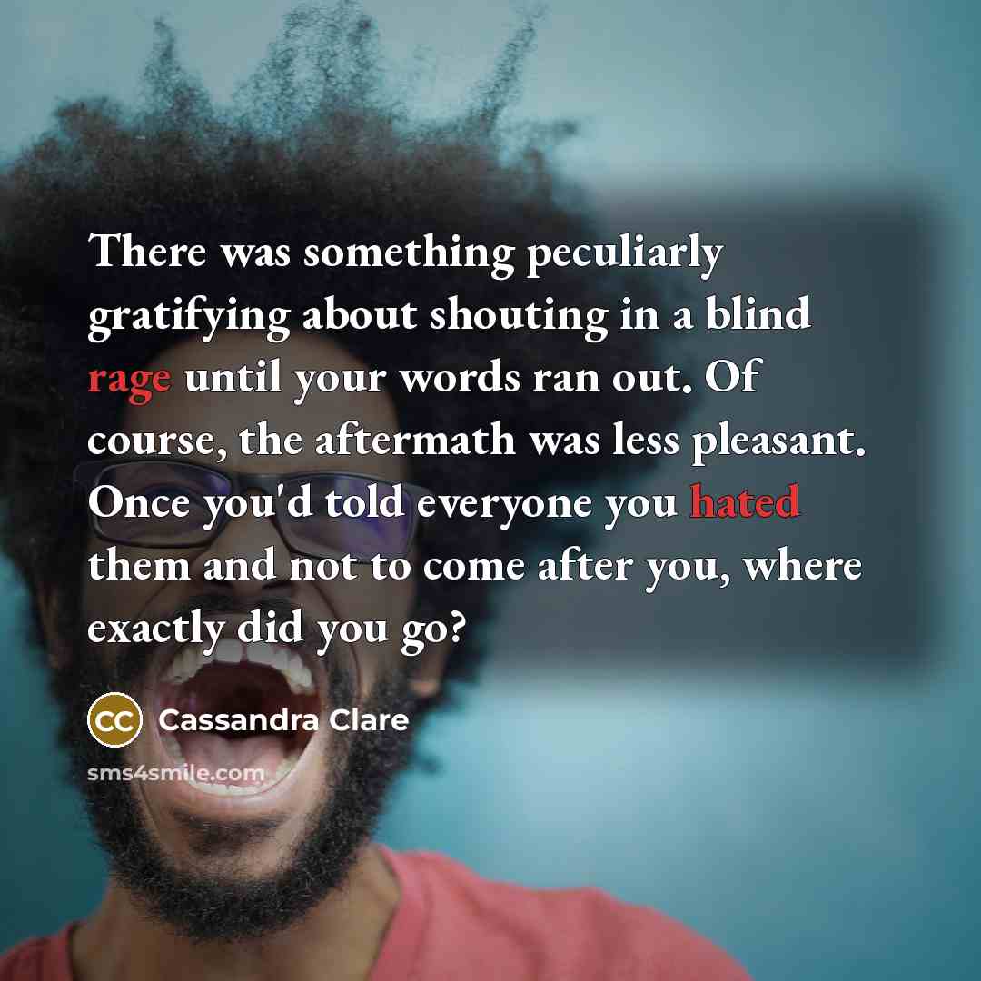 “There was something peculiarly gratifying about shouting in a blind rage until your words ran out. Of course, the aftermath was less pleasant. Once you'd told everyone you hated them and not to come after you, where exactly did you go?” quote by Cassandra Clare