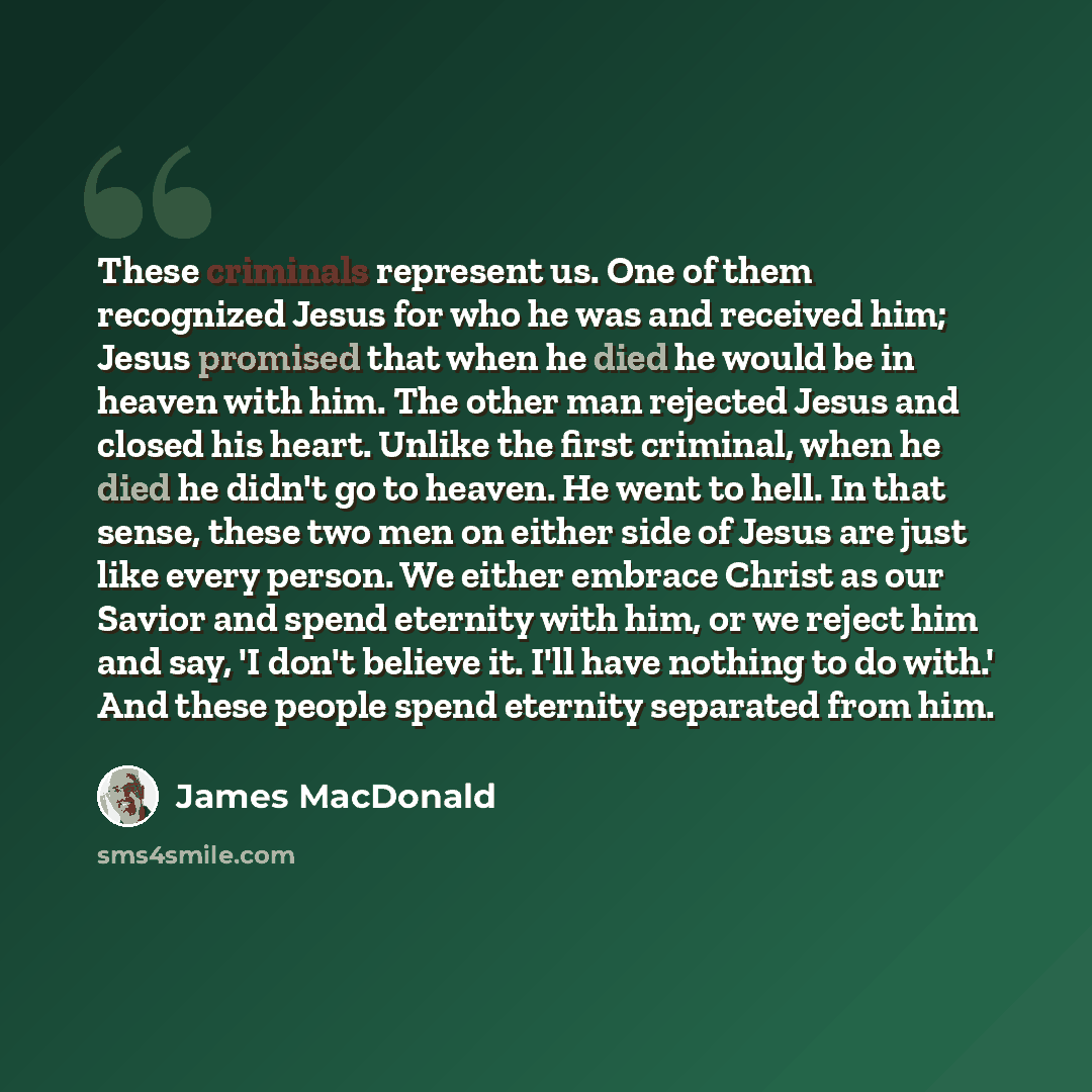 “These criminals represent us. One of them recognized Jesus for who he was and received him; Jesus promised that when he died he would be in heaven with him. The other man rejected Jesus and closed his heart. Unlike the first criminal, when he died he didn't go to heaven. He went to hell. In that…” quote by James MacDonald