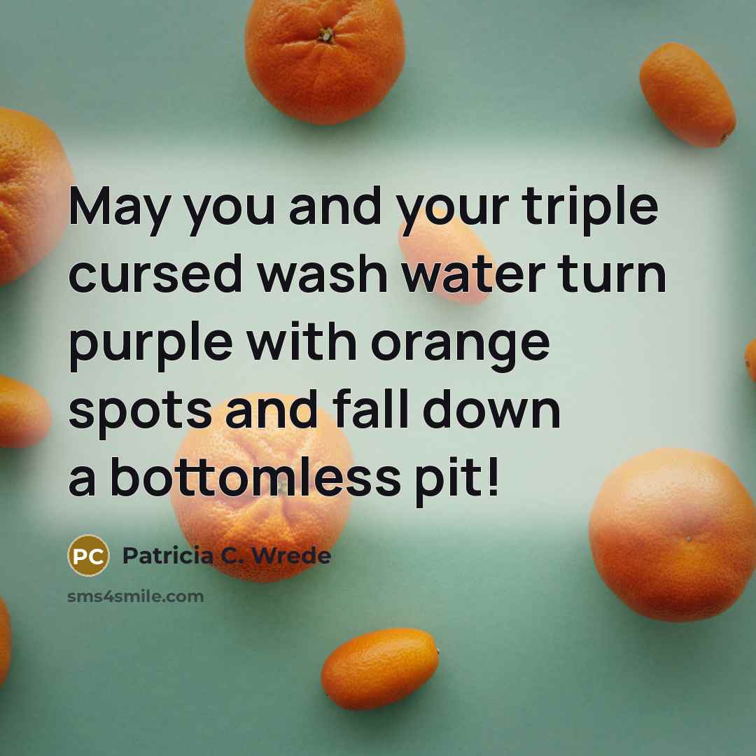 “May you and your triple cursed wash water turn purple with orange spots and fall down a bottomless pit!” quote by Patricia C. Wrede