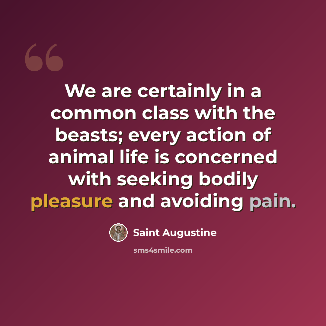 “We are certainly in a common class with the beasts; every action of animal life is concerned with seeking bodily pleasure and avoiding pain.” quote by Saint Augustine