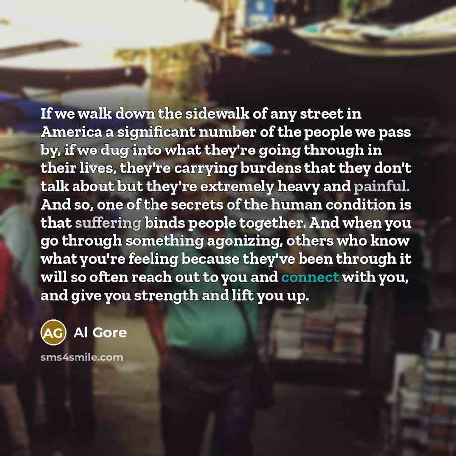 “If we walk down the sidewalk of any street in America a significant number of the people we pass by, if we dug into what they're going through in their lives, they're carrying burdens that they don't talk about but they're extremely heavy and painful. And so, one of the secrets of the human…” quote by Al Gore