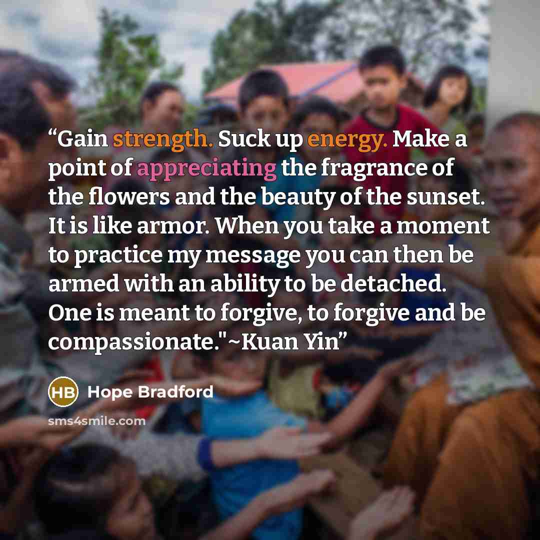 “Gain strength. Suck up energy. Make a point of appreciating the fragrance of the flowers and the beauty of the sunset. It is like armor. When you take a moment to practice my message you can then be armed with an ability to be detached. One is meant to forgive, to forgive and be…” quote by Hope Bradford