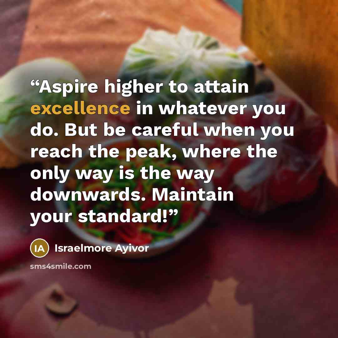 “Aspire higher to attain excellence in whatever you do. But be careful when you reach the peak, where the only way is the way downwards. Maintain your standard!” quote by Israelmore Ayivor