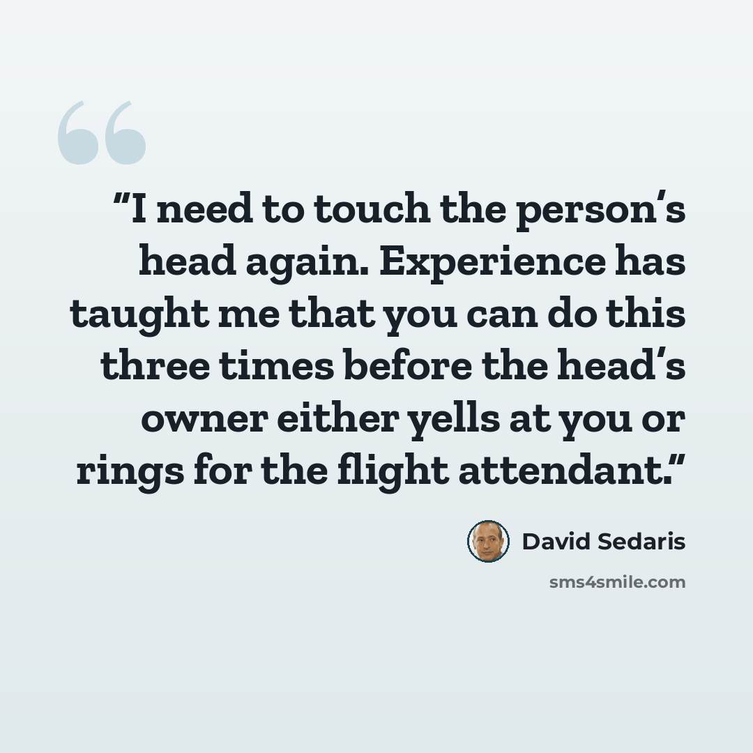 “I need to touch the person’s head again. Experience has taught me that you can do this three times before the head’s owner either yells at you or rings for the flight attendant.” quote by David Sedaris