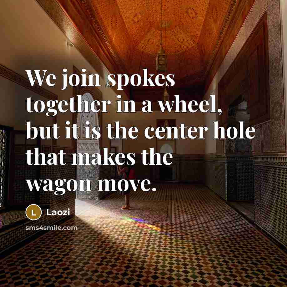 “We join spokes together in a wheel, but it is the center hole that makes the wagon move.” quote by Laozi