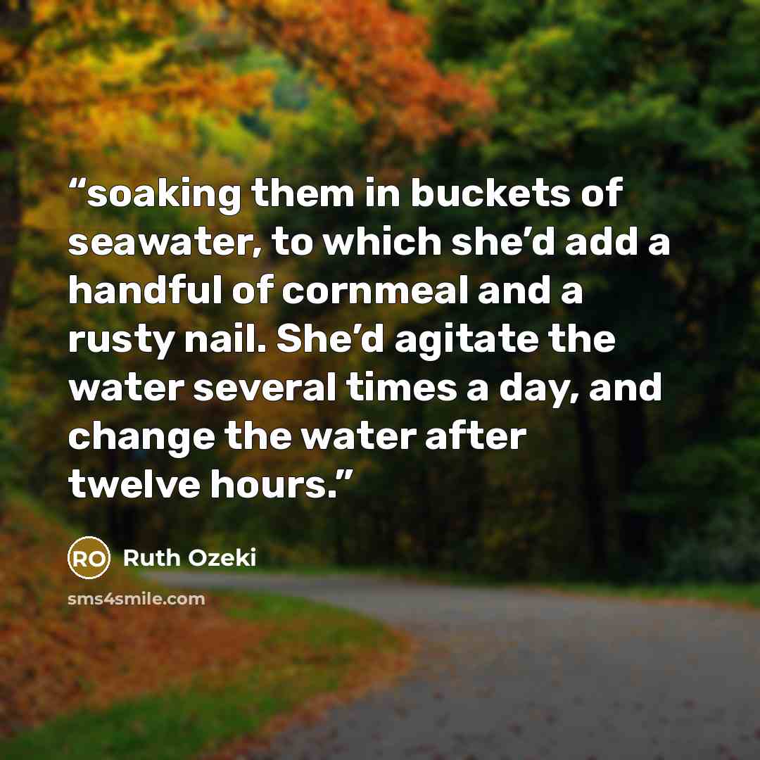“soaking them in buckets of seawater, to which she’d add a handful of cornmeal and a rusty nail. She’d agitate the water several times a day, and change the water after twelve hours.” quote by Ruth Ozeki