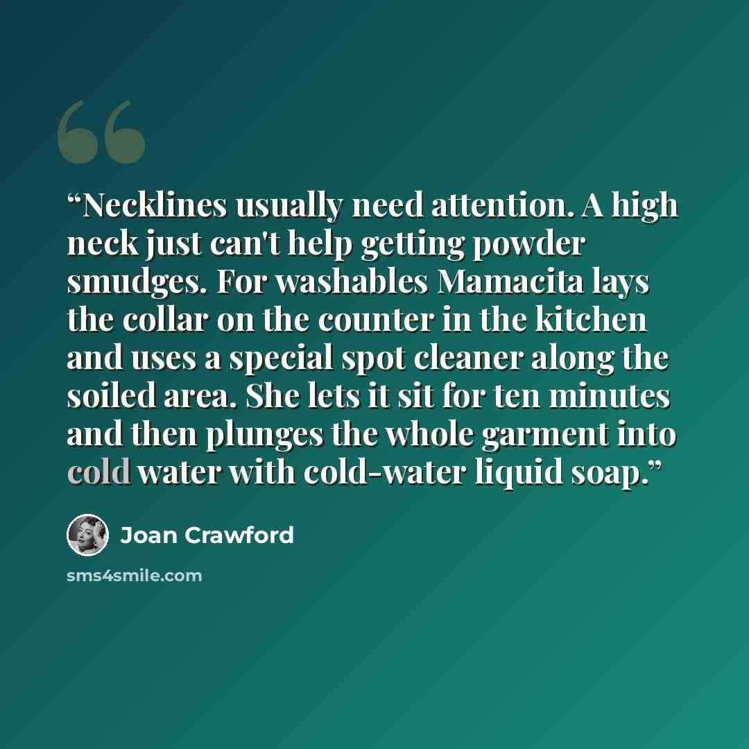 “Necklines usually need attention. A high neck just can't help getting powder smudges. For washables Mamacita lays the collar on the counter in the kitchen and uses a special spot cleaner along the soiled area. She lets it sit for ten minutes and then plunges the whole garment into cold water with…” quote by Joan Crawford