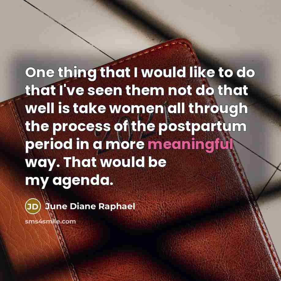 “One thing that I would like to do that I've seen them not do that well is take women all through the process of the postpartum period in a more meaningful way. That would be my agenda.” quote by June Diane Raphael