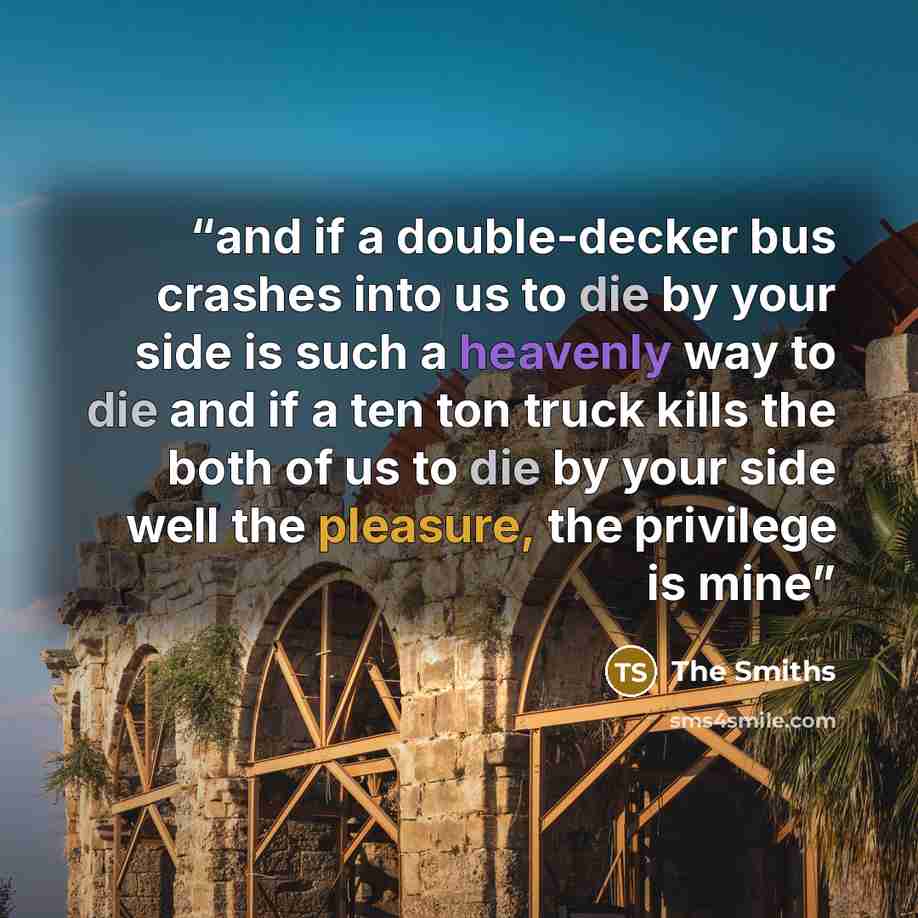 “and if a double-decker bus crashes into us to die by your side is such a heavenly way to die and if a ten ton truck kills the both of us to die by your side well the pleasure, the privilege is mine” quote by The Smiths