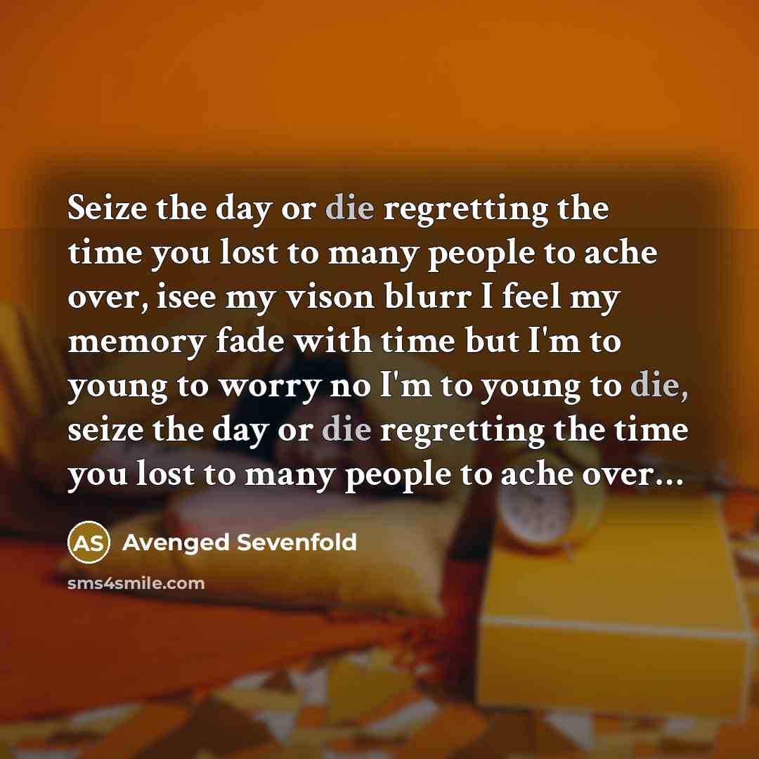 “Seize the day or die regretting the time you lost to many people to ache over, isee my vison blurr I feel my memory fade with time but I'm to young to worry no I'm to young to die, seize the day or die regretting the time you lost to many people to ache over…” quote by Avenged Sevenfold