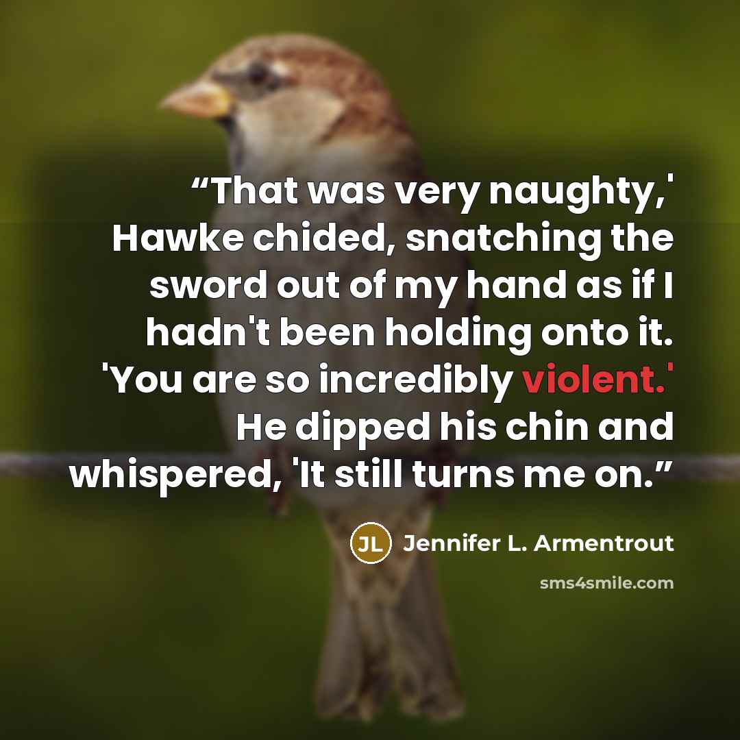 “That was very naughty,' Hawke chided, snatching the sword out of my hand as if I hadn't been holding onto it. 'You are so incredibly violent.' He dipped his chin and whispered, 'It still turns me on.” quote by Jennifer L. Armentrout