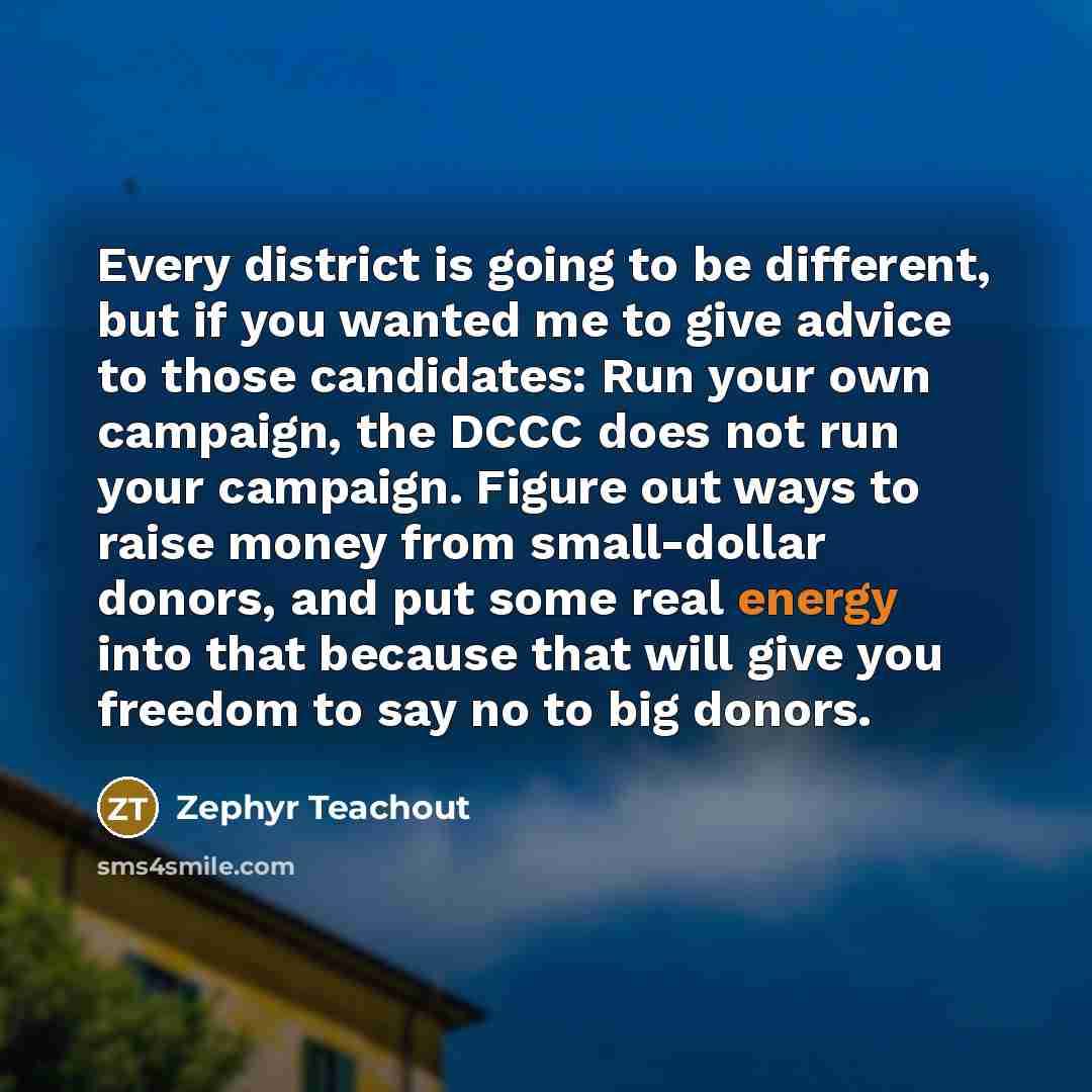 “Every district is going to be different, but if you wanted me to give advice to those candidates: Run your own campaign, the DCCC does not run your campaign. Figure out ways to raise money from small-dollar donors, and put some real energy into that because that will give you freedom to say no to…” quote by Zephyr Teachout