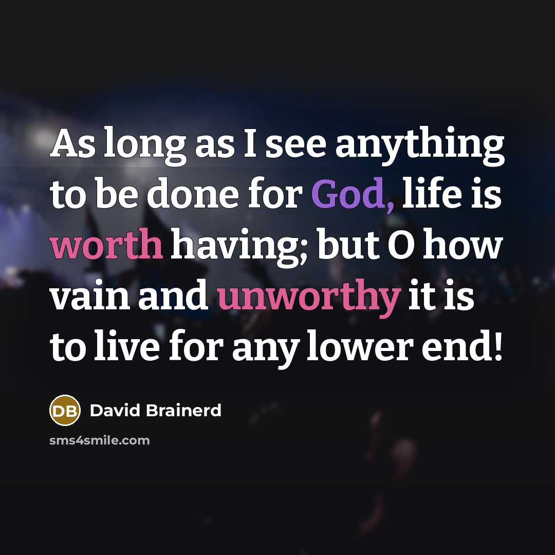 “As long as I see anything to be done for God, life is worth having; but O how vain and unworthy it is to live for any lower end!” quote by David Brainerd