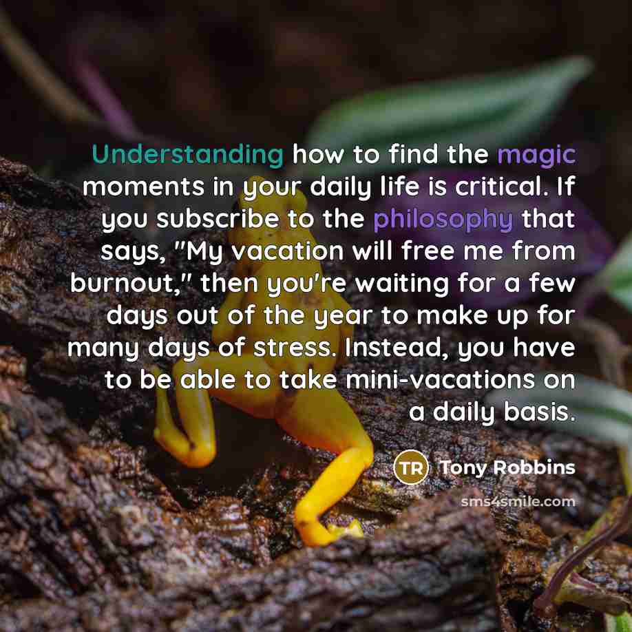 “Understanding how to find the magic moments in your daily life is critical. If you subscribe to the philosophy that says, "My vacation will free me from burnout," then you're waiting for a few days out of the year to make up for many days of stress. Instead, you have to be able to take…” quote by Tony Robbins