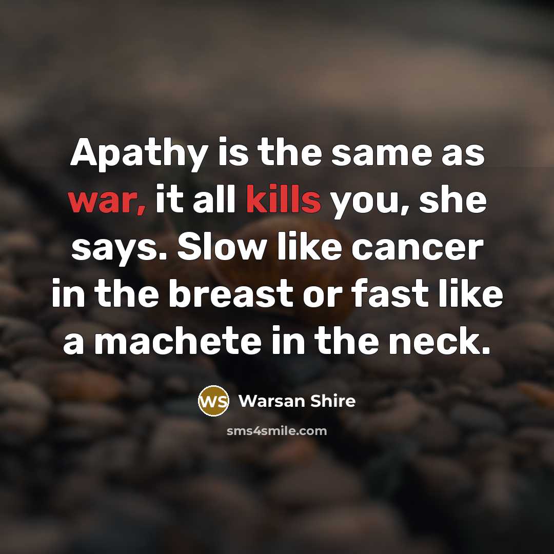 “Apathy is the same as war, it all kills you, she says. Slow like cancer in the breast or fast like a machete in the neck.” quote by Warsan Shire