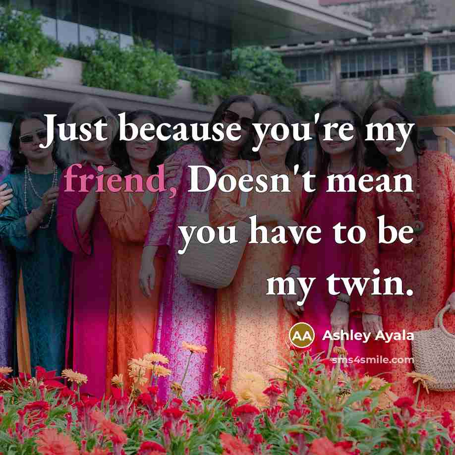 “Just because you're my friend, Doesn't mean you have to be my twin.” quote by Ashley Ayala