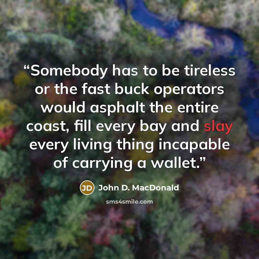 “Somebody has to be tireless or the fast buck operators would asphalt the entire coast, fill every bay and slay every living thing incapable of carrying a wallet.” quote by John D. MacDonald