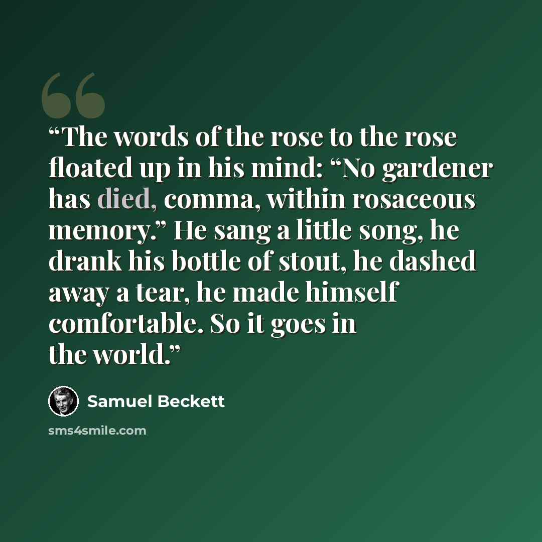 “The words of the rose to the rose floated up in his mind: “No gardener has died, comma, within rosaceous memory.” He sang a little song, he drank his bottle of stout, he dashed away a tear, he made himself comfortable. So it goes in the world.” quote by Samuel Beckett