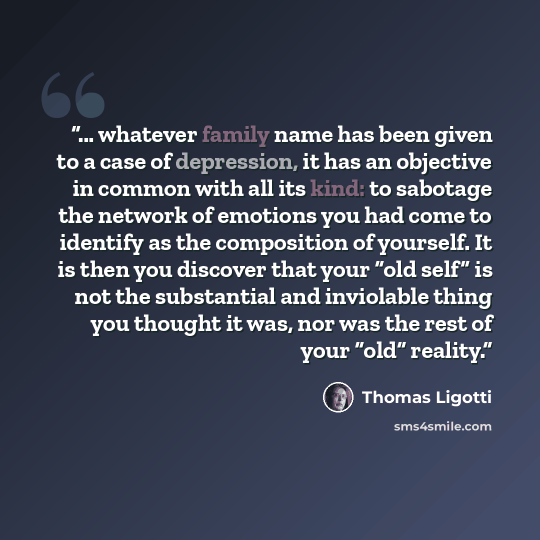 “... whatever family name has been given to a case of depression, it has an objective in common with all its kind: to sabotage the network of emotions you had come to identify as the composition of yourself. It is then you discover that your “old self” is not the substantial and inviolable thing…” quote by Thomas Ligotti