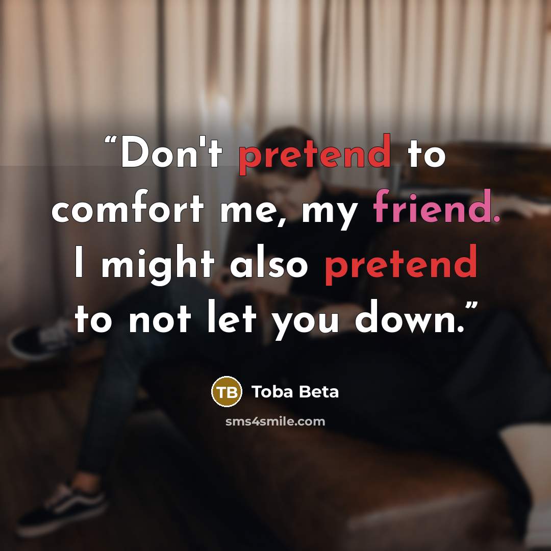 “Don't pretend to comfort me, my friend. I might also pretend to not let you down.” quote by Toba Beta