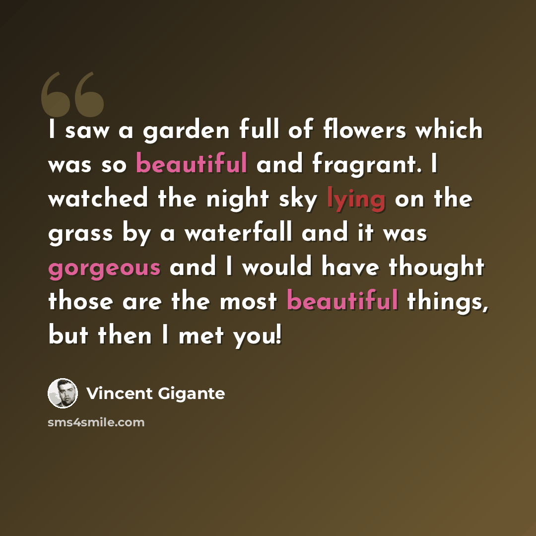 “I saw a garden full of flowers which was so beautiful and fragrant. I watched the night sky lying on the grass by a waterfall and it was gorgeous and I would have thought those are the most beautiful things, but then I met you!” quote by Vincent Gigante
