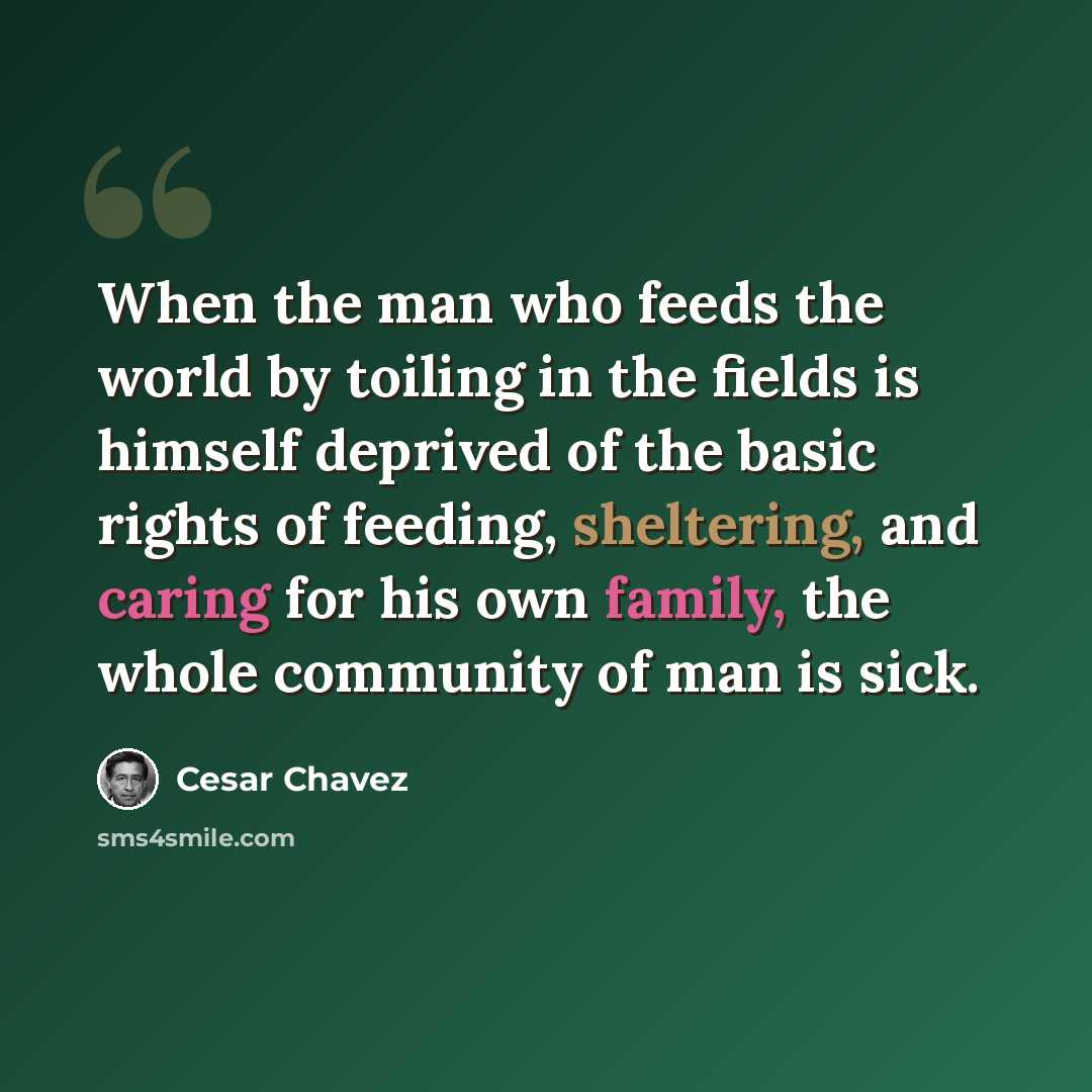 “When the man who feeds the world by toiling in the fields is himself deprived of the basic rights of feeding, sheltering, and caring for his own family, the whole community of man is sick.” quote by Cesar Chavez