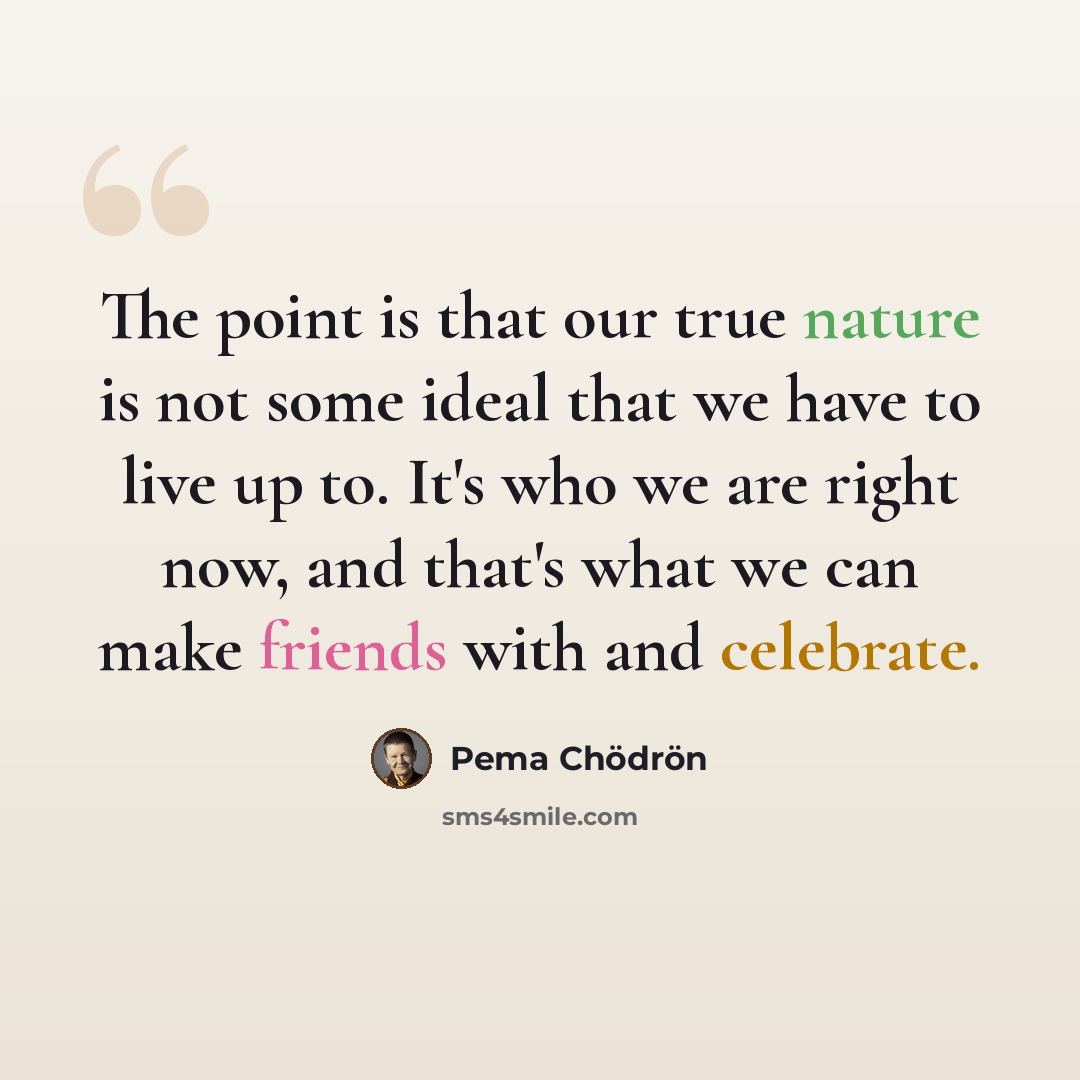 “The point is that our true nature is not some ideal that we have to live up to. It's who we are right now, and that's what we can make friends with and celebrate.” quote by Pema Chodron