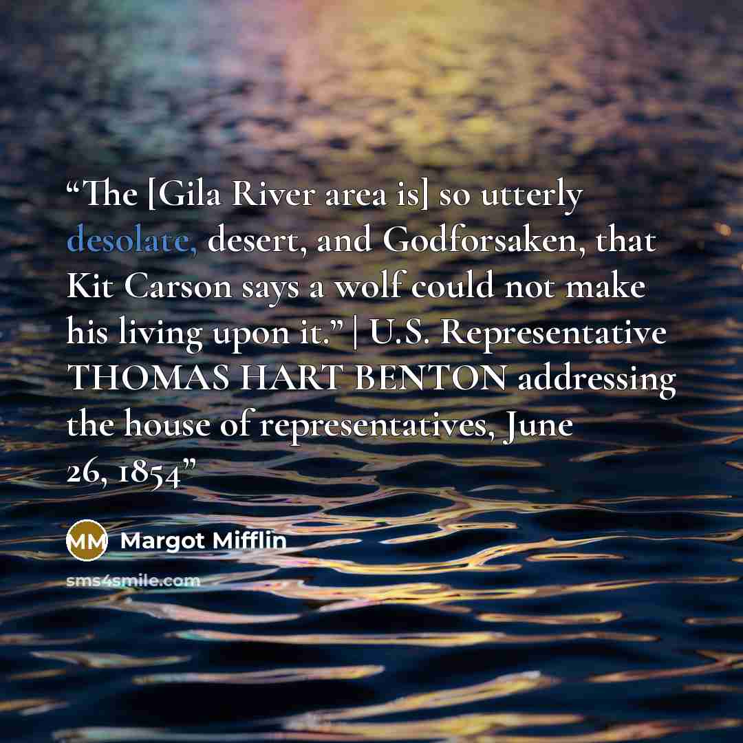 “The [Gila River area is] so utterly desolate, desert, and Godforsaken, that Kit Carson says a wolf could not make his living upon it.” | U.S. Representative THOMAS HART BENTON addressing the house of representatives, June 26, 1854” quote by Margot Mifflin