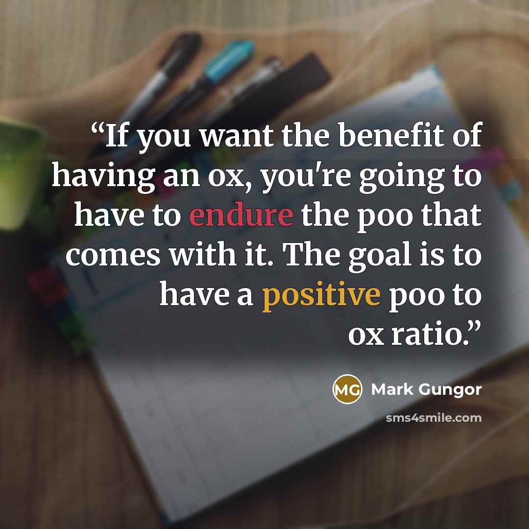 “If you want the benefit of having an ox, you're going to have to endure the poo that comes with it. The goal is to have a positive poo to ox ratio.” quote by Mark Gungor