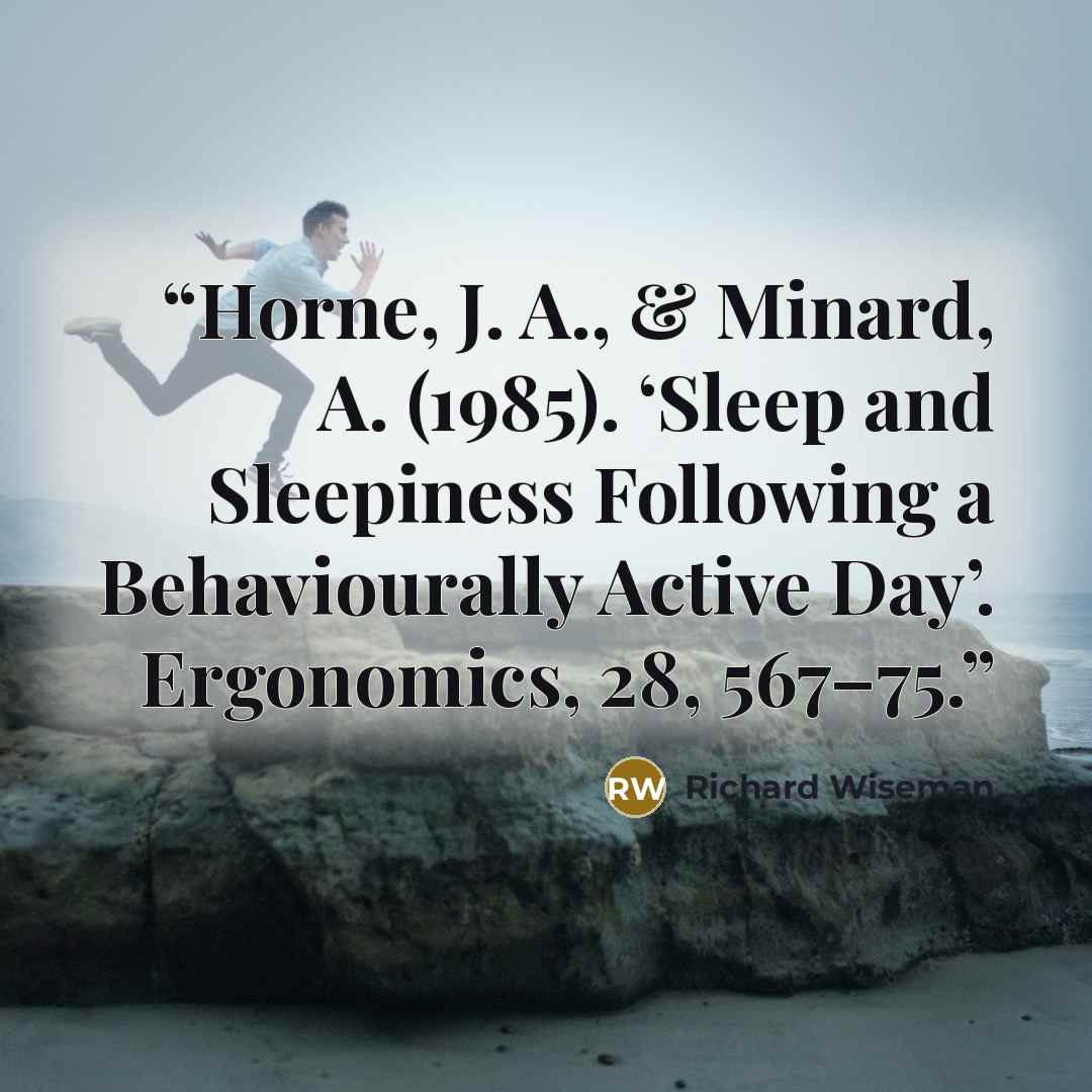 “Horne, J. A., & Minard, A. (1985). ‘Sleep and Sleepiness Following a Behaviourally Active Day’. Ergonomics, 28, 567–75.” quote by Richard Wiseman