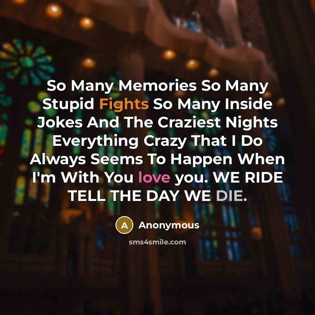 “So Many Memories So Many Stupid Fights So Many Inside Jokes And The Craziest Nights Everything Crazy That I Do Always Seems To Happen When I'm With You love you. WE RIDE TELL THE DAY WE DIE.” quote by Anonymous