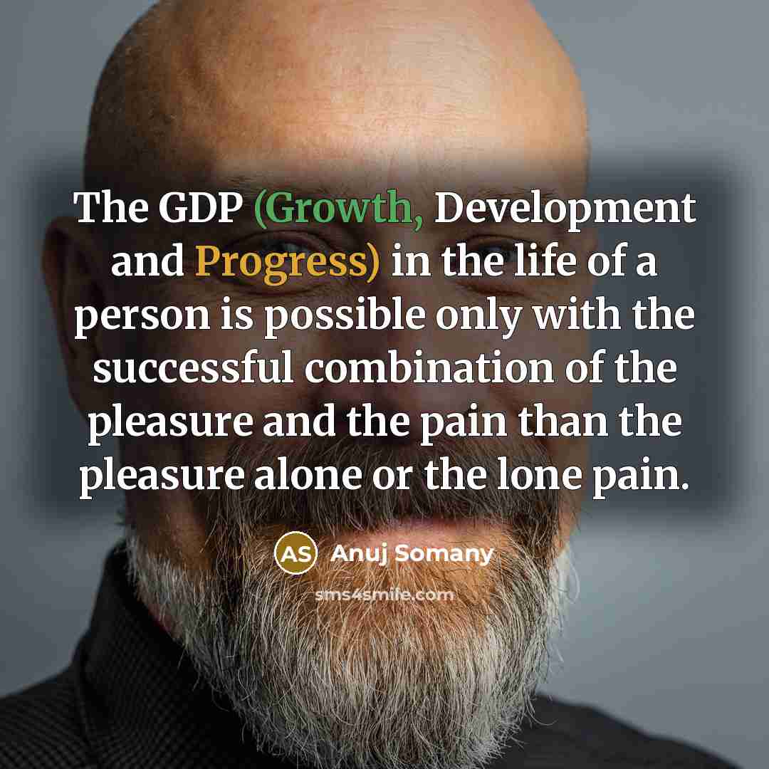 “The GDP (Growth, Development and Progress) in the life of a person is possible only with the successful combination of the pleasure and the pain than the pleasure alone or the lone pain.” quote by Anuj Somany