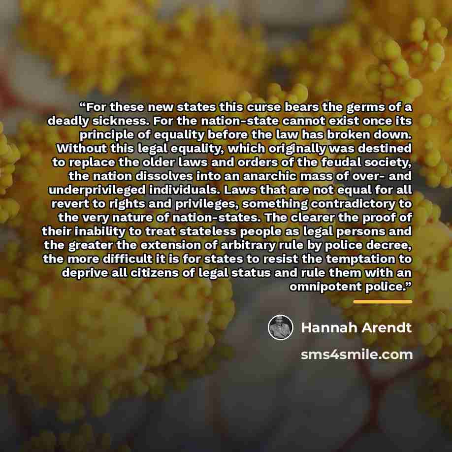 “For these new states this curse bears the germs of a deadly sickness. For the nation-state cannot exist once its principle of equality before the law has broken down. Without this legal equality, which originally was destined to replace the older laws and orders of the feudal society, the nation…” quote by Hannah Arendt