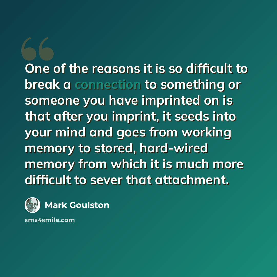 “One of the reasons it is so difficult to break a connection to something or someone you have imprinted on is that after you imprint, it seeds into your mind and goes from working memory to stored, hard-wired memory from which it is much more difficult to sever that attachment.” quote by Mark Goulston