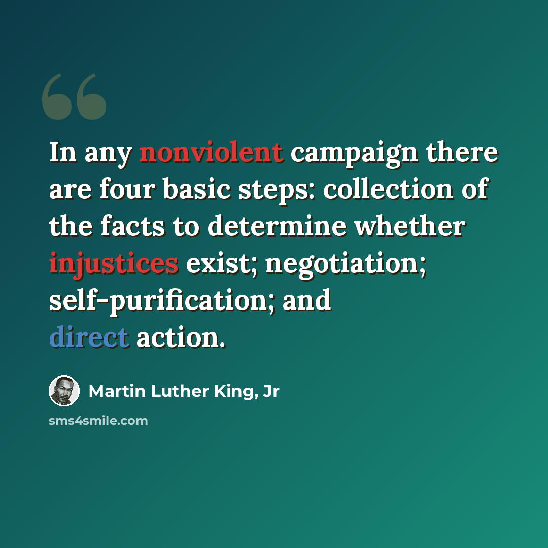 “In any nonviolent campaign there are four basic steps: collection of the facts to determine whether injustices exist; negotiation; self-purification; and direct action.” quote by Martin Luther King, Jr