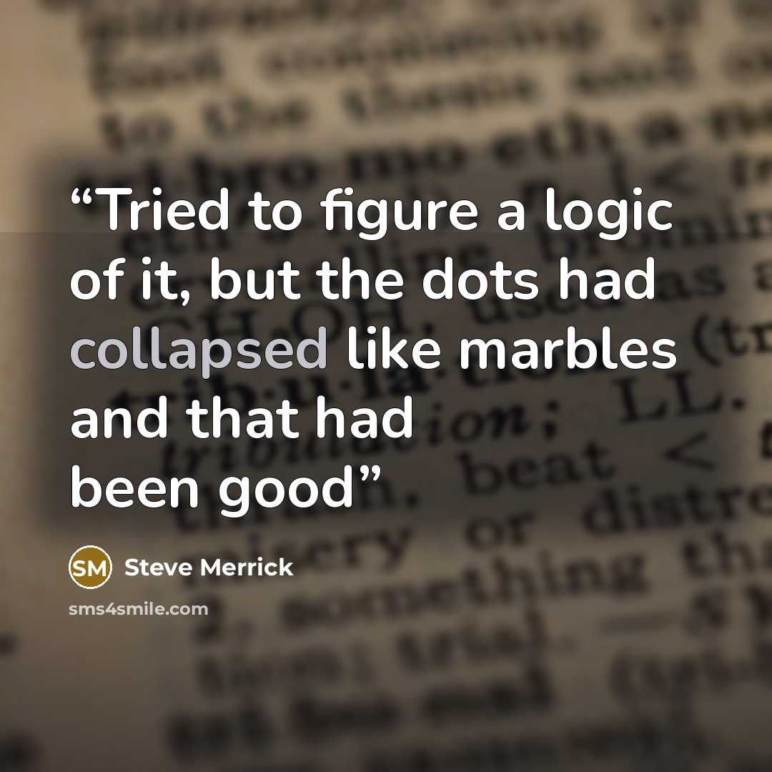 “Tried to figure a logic of it, but the dots had collapsed like marbles and that had been good” quote by Steve Merrick