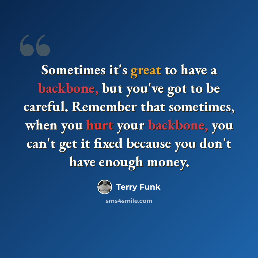 “Sometimes it's great to have a backbone, but you've got to be careful. Remember that sometimes, when you hurt your backbone, you can't get it fixed because you don't have enough money.” quote by Terry Funk