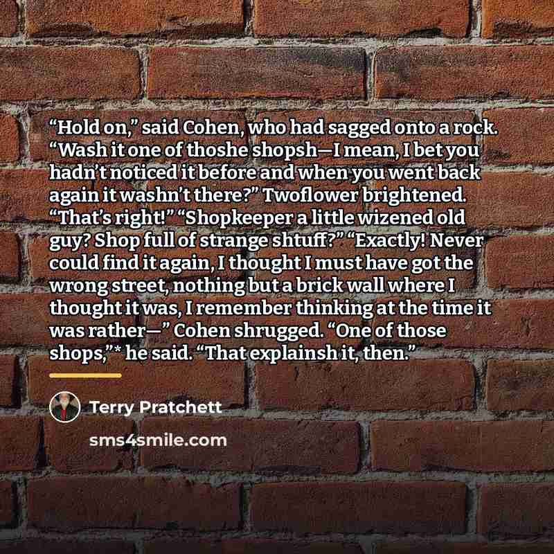 “Hold on,” said Cohen, who had sagged onto a rock. “Wash it one of thoshe shopsh—I mean, I bet you hadn’t noticed it before and when you went back again it washn’t there?” Twoflower brightened. “That’s right!” “Shopkeeper a little wizened old guy? Shop full of strange shtuff?” “Exactly! Never could…” quote by Terry Pratchett